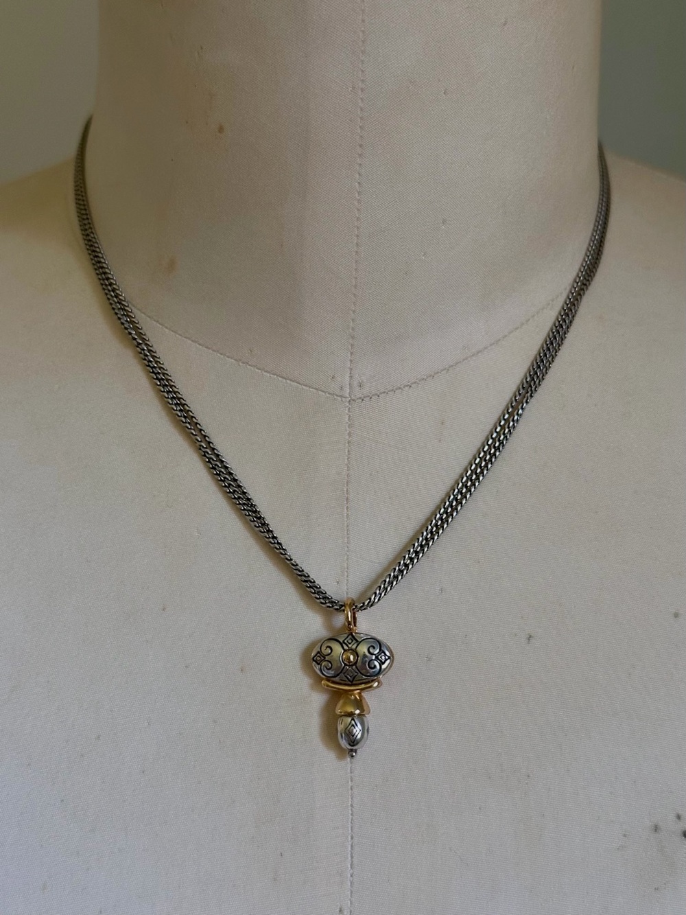 Brighton Silver Tone 3 Strand Venezia Two Tone  Gold Pendant Necklace Ornate
